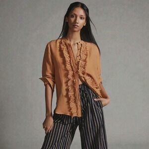 Pilcro Anthropologie Linen Blend Ruffle Front Button Blouse Sz L